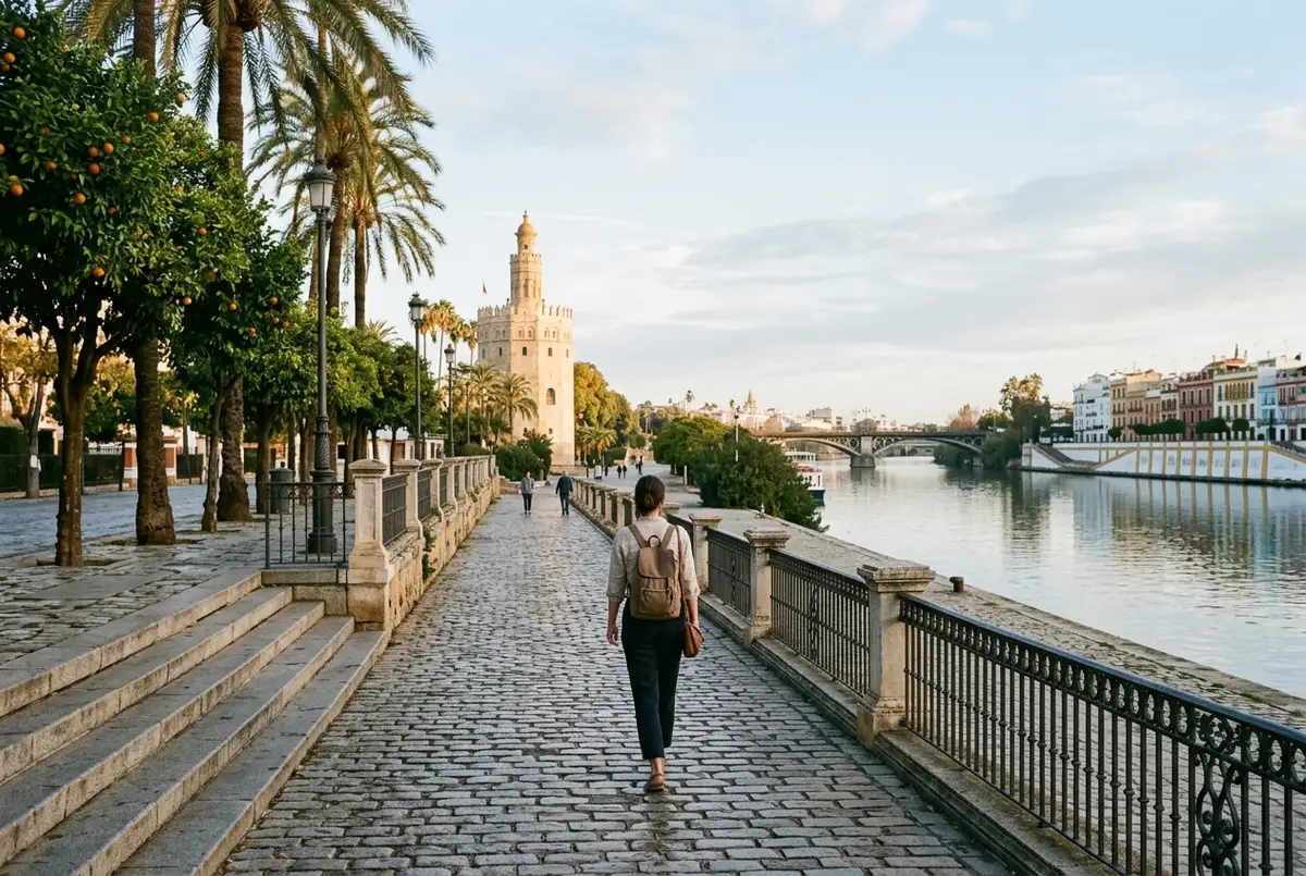 Traveler walking along a quiet riverside promenade in Seville on a calm Sunday morning, soft light, Torre del Oro in the background, what to do in seville on sunday scene