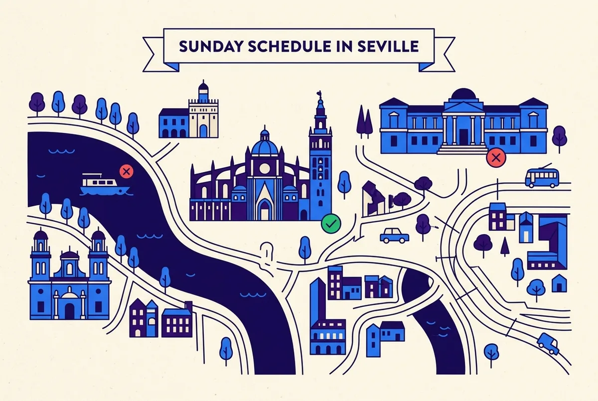 Simple icon based infographic showing a Sunday schedule in Seville with generic open and closed symbols next to labeled icons for a museum, a cathedral and a river cruise boat, clean minimal illustration style, no prices