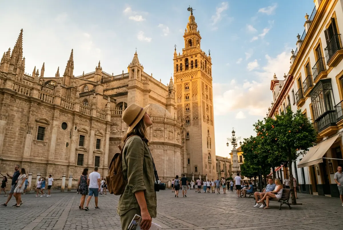 Traveler standing in a sunlit plaza looking up at the Giralda tower of Seville Cathedral, warm golden hour light, seville activities first visit scene