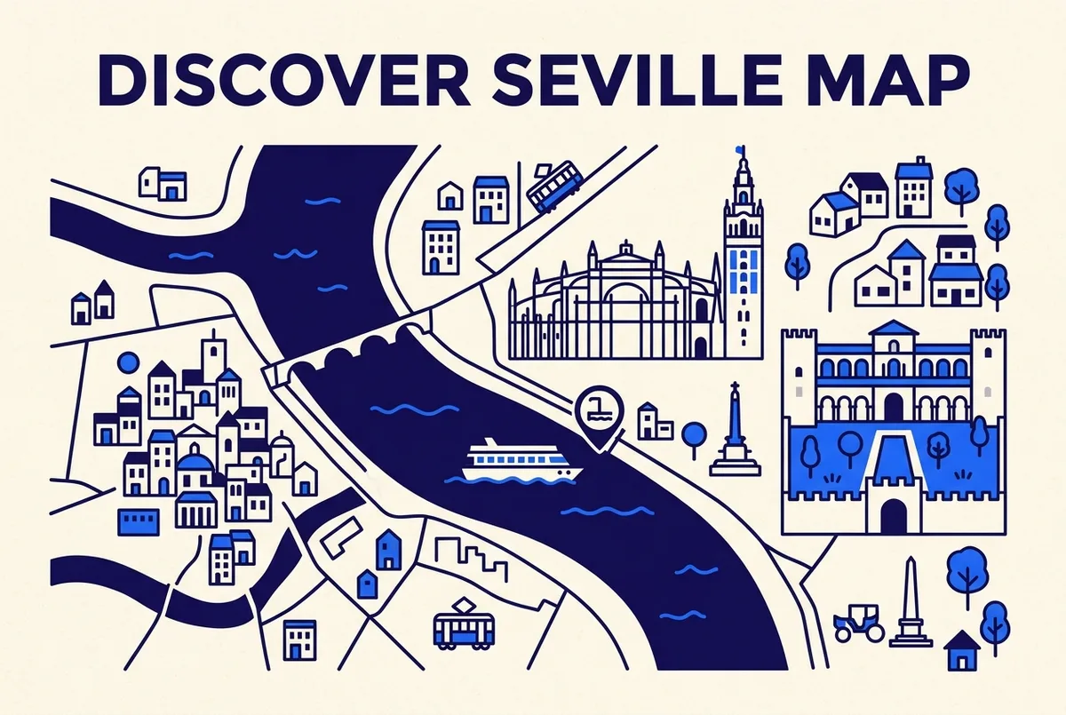 Simple orientation map of central Seville showing the Cathedral, Real Alcazar, Triana neighborhood and the river cruise departure point as labeled icons along the Guadalquivir, clean minimal illustration style, no prices