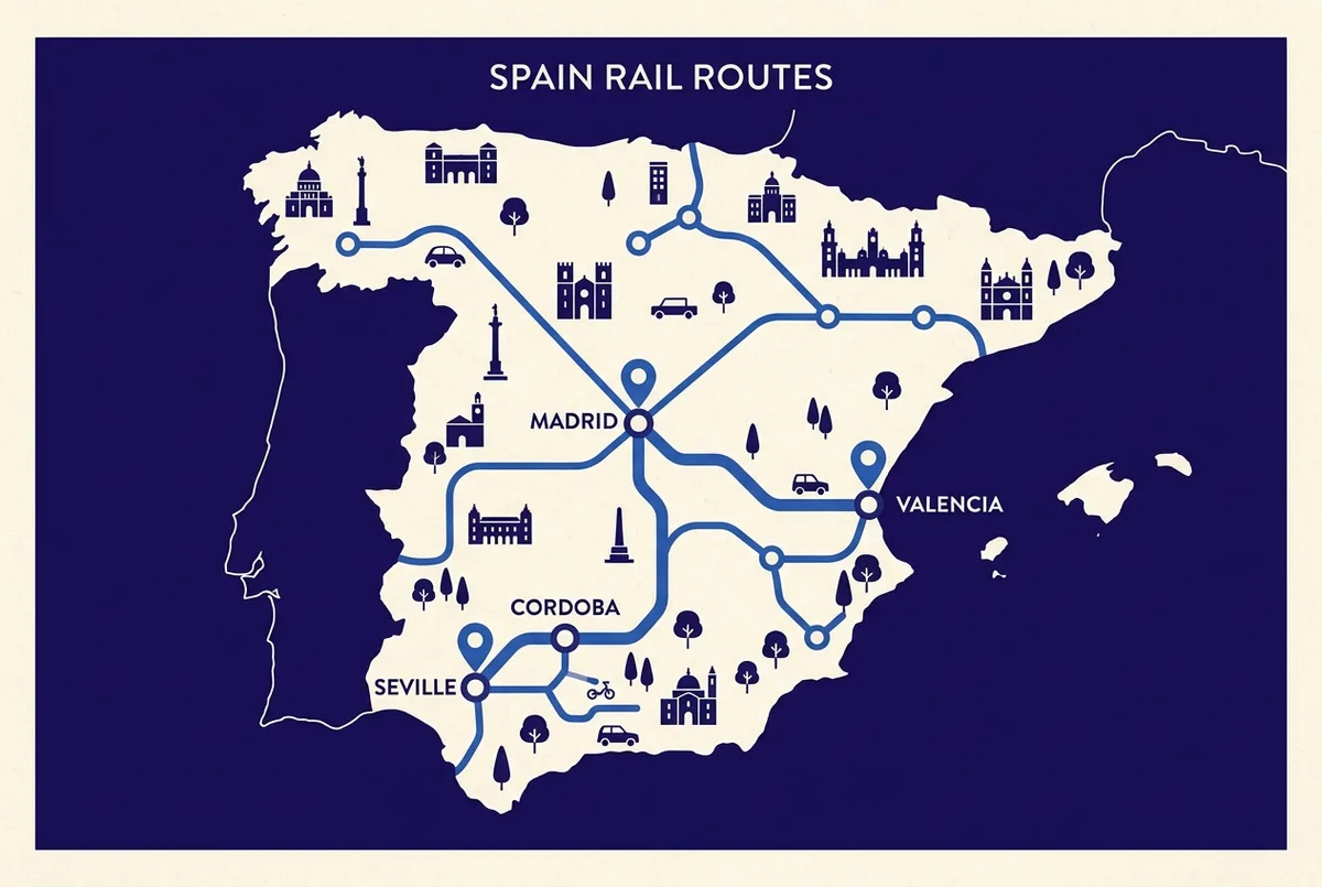 Simple route map showing the rail line between Seville and Valencia cutting across southern and eastern Spain, with Cordoba and Madrid marked along connecting routes, clean minimal infographic style, no prices