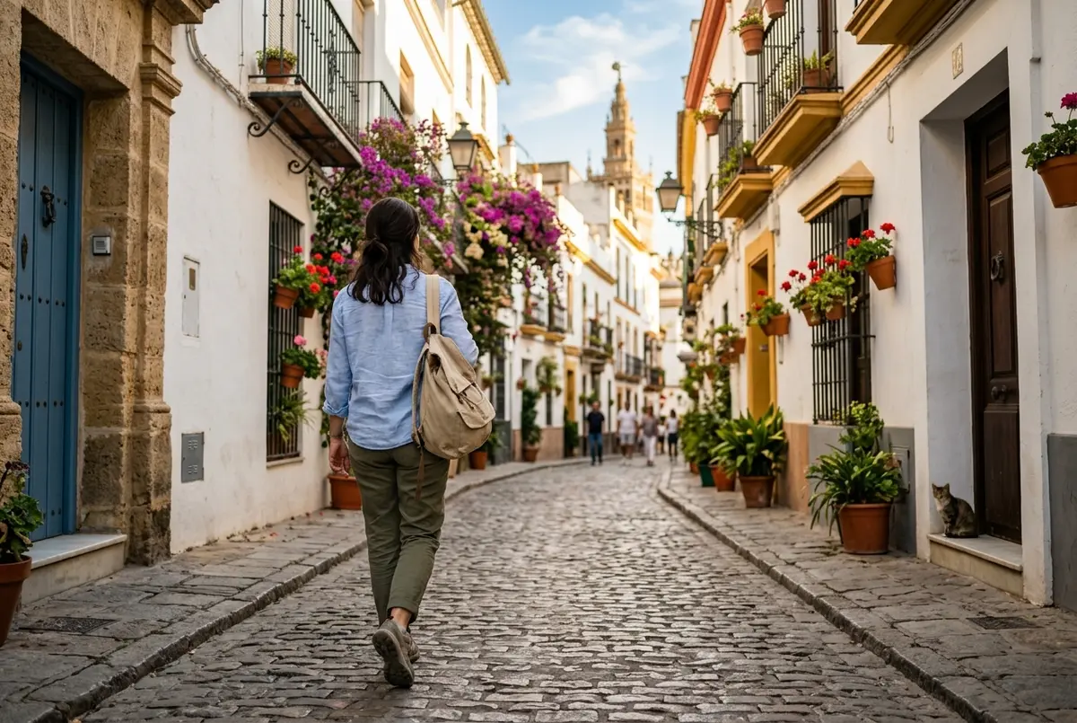 Traveler with a light day bag walking through a sunlit cobblestone street in Seville's Santa Cruz quarter, orange trees overhead, first time visitor exploring, seville travel tips