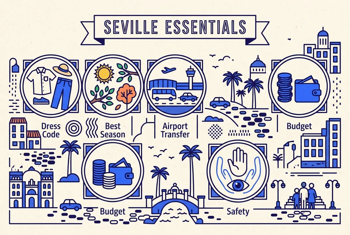 Simple checklist infographic showing icons for dress code, best season, airport transfer, budget and safety as five first time visitor essentials for Seville, clean minimal style, no prices