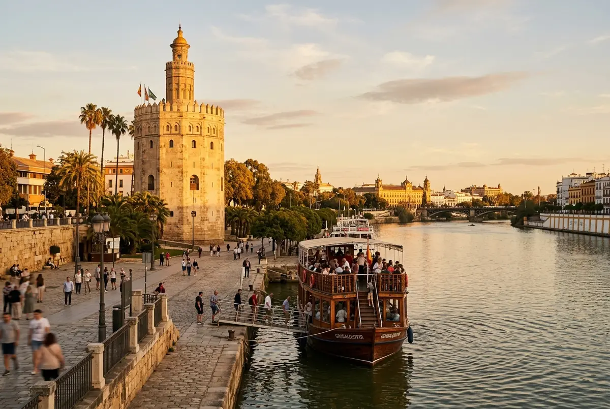 Close up view of the golden Torre del Oro watchtower beside the Guadalquivir river in Seville at golden hour with a sightseeing boat docked nearby, torre del oro seville scene