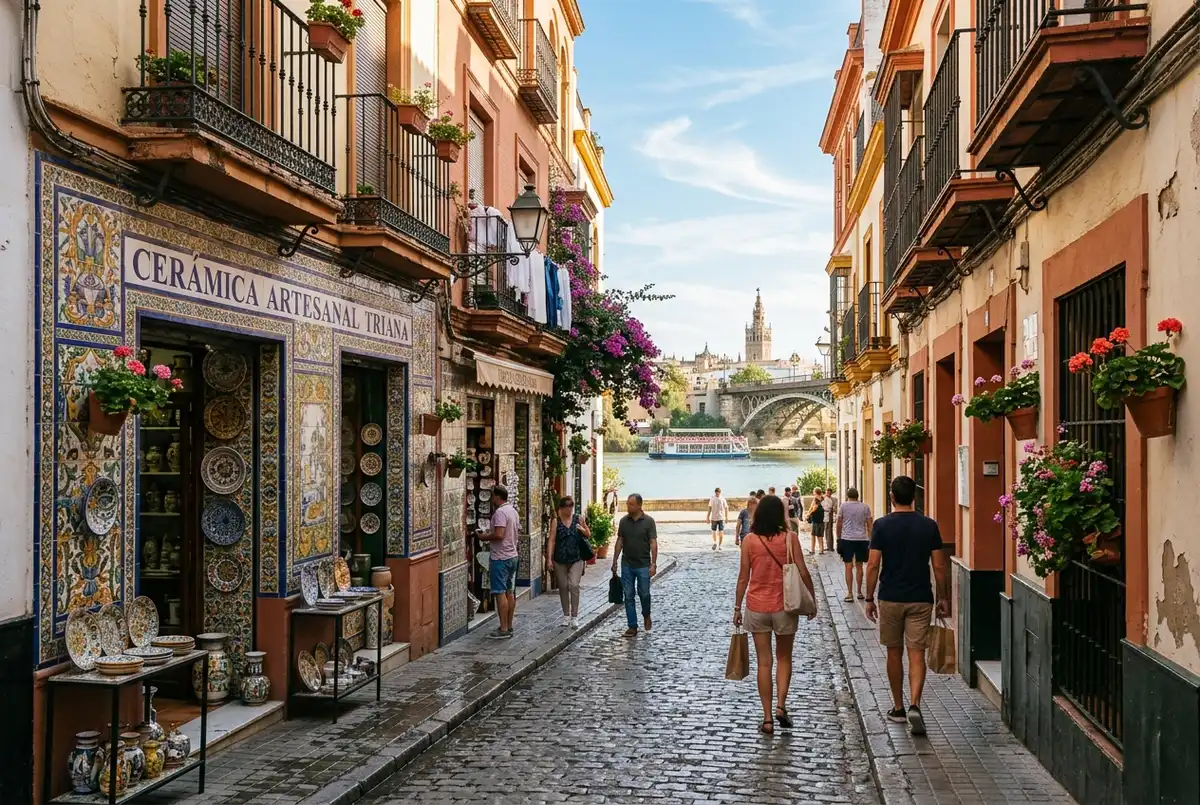 Colorful ceramic tiled shopfronts and narrow sunlit streets in the Triana neighborhood of Seville with the river visible in the distance, triana seville scene
