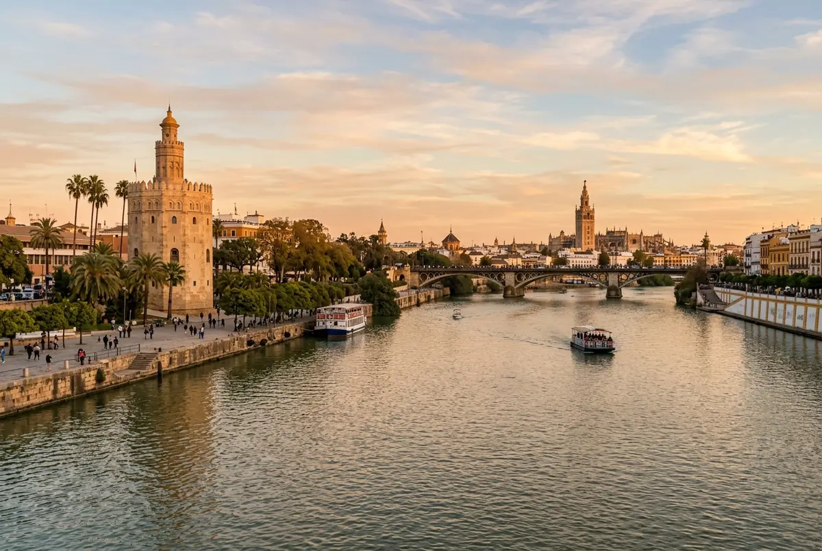 Inquadratura ampia del fiume Guadalquivir che scorre nel centro di Siviglia davanti alla torre di avvistamento della Torre del Oro durante l'ora dorata, scena che fiume attraversa siviglia