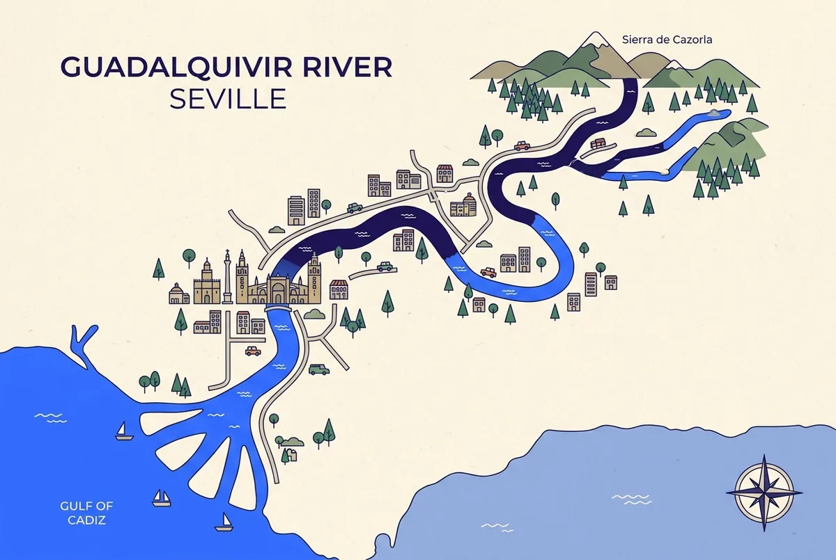 Mappa illustrata semplice che traccia il fiume Guadalquivir dalla sua sorgente nella Sierra de Cazorla attraverso Siviglia fino al Golfo di Cadice, etichette generiche dei luoghi, stile cartografico minimale e pulito, senza statistiche, mappa crociera sul fiume guadalquivir