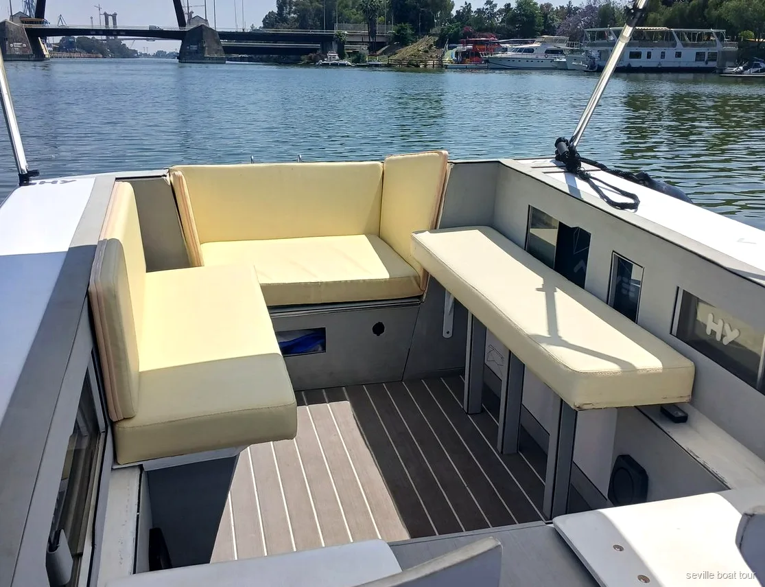 Capitaine aux commandes du bateau électrique privé sur le fleuve Guadalquivir