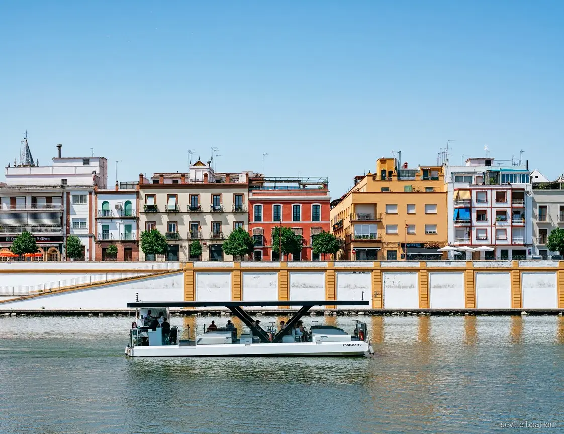 Passengers on the Guadalquivir River Eco Cruise enjoying the Seville skyline